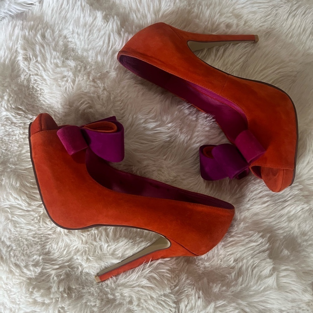 Jeffrey Campbell Orange Fuschia Purple Suede Bow Platform Heels 9.5 - Picture 6 of 12